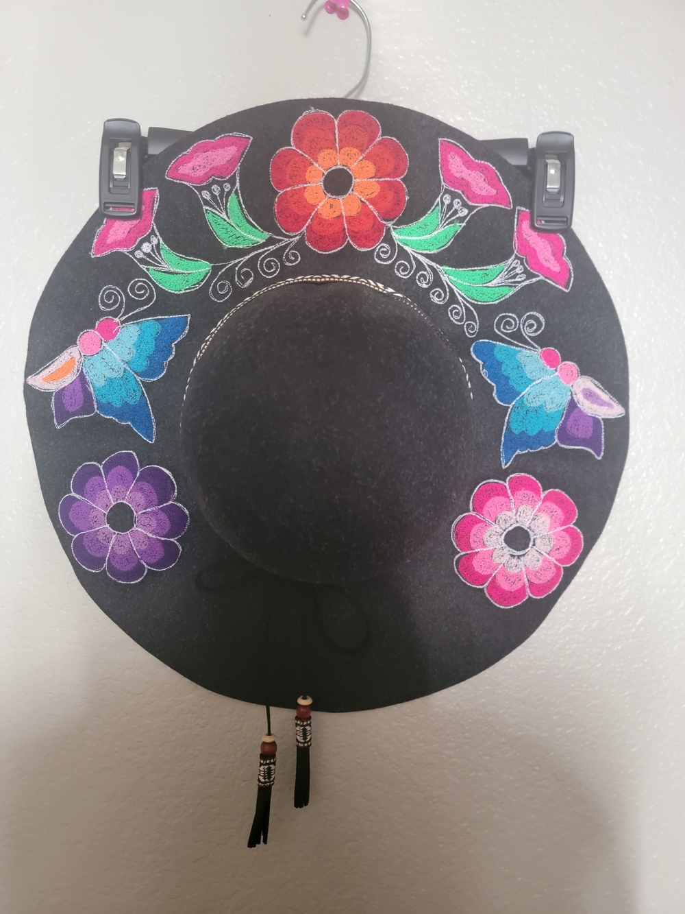 Black Embroidered Floral Wide-Brim Hat